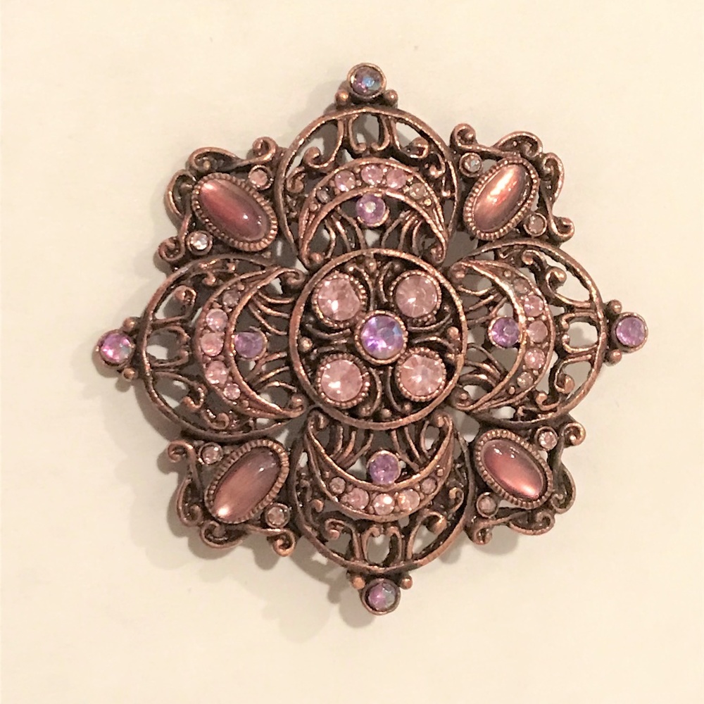 Copper Brooch with Pink, Purple Stones